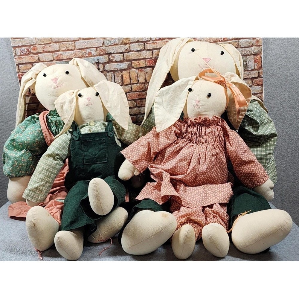Vintage Handmade Bunny Rabbit‎ Dolls Lot 4 Family Wooden Trike Farmhouse Easter